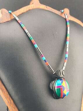 Vintage Zuni Multi-Stone Inlay Turtle Necklace Sterling Silver Accents 24"